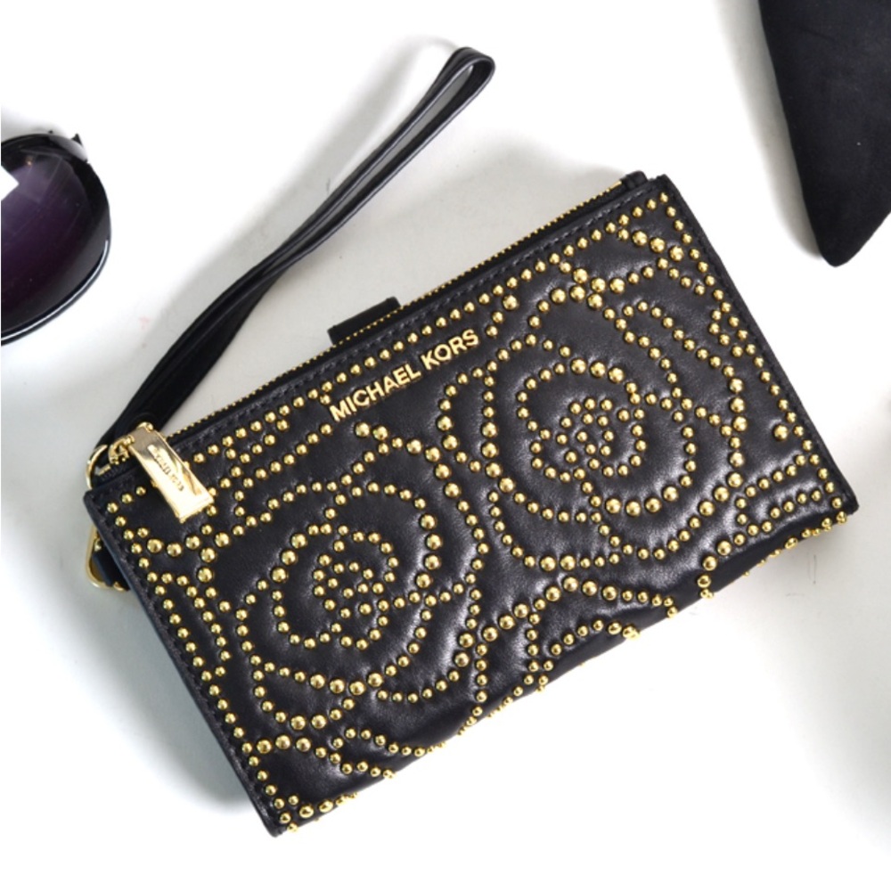 MICHAEL Michael Kors Adele Rose Studded Leather Wallet w/Gold-Tone Studs